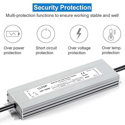 LLTOP LED Driver 100 Watts 100-264V AC to 24V DC 4.16A Power Supply Waterproof Low Voltage Transformer Ultra Thin Converter for Indoor Outdoor LED Lights