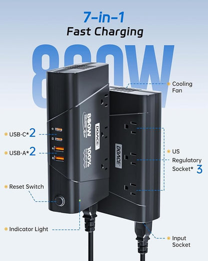 DOACE 220V to 110V Converter - 800W Voltage Converter US to Europe for Hair Straightener, Curler, Phone, Power Converter with 2 USB C & 2 USB A Ports, European Travel Plug Adapter UK, US, AU, EU