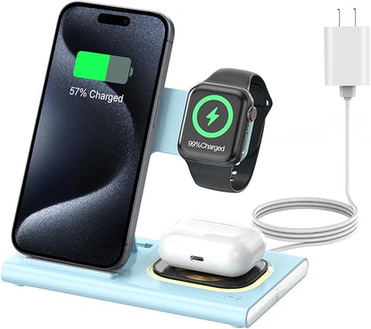 3 in 1 Charging Station for iPhone 17 - Wireless Charger for Apple Products for iPhone 17 16 15 14 13 12 11 Pro Max - Foldable Wireless Charging Station Dock Stand for iWatch Series & AirPods(Blue)