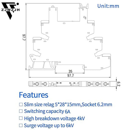 2Pcs Miniature Power Relay DC 24V HF41F/24-ZS 5 Pin 1NO 1NC 6A SPDT with LED Indicator with Socket Base 41F-1Z-C5 with DIN Rail UL Certification