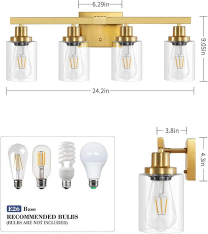 DIKAIDA Bathroom Vanity Light, 4-Light Modern Matte Gold Wall Sconce Lighting with Clear Glass Shade, Black Wall Lights,Bath Vintage Wall Mounted Lamps for Mirror Bedroom Living Room