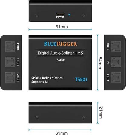 BlueRigger Digital Optical Audio Splitter 1x5 (Active Toslink Splitter 1 in 5 Out, SPDIF, Fiber Optic Audio Adapter) - for Home Theatre, Xbox, PS4, DVD, CD Player, Receiver, HDTV