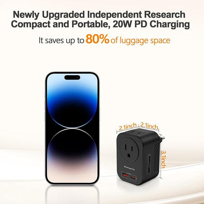Shayangyoung 220V to 110V 20W PD Voltage Converter US to Europe International Universal Travel Adapter with 2 USB A 2 Type-C Port Worldwide Power Converters Plug Combo for Spain Italy (Black)-IZ