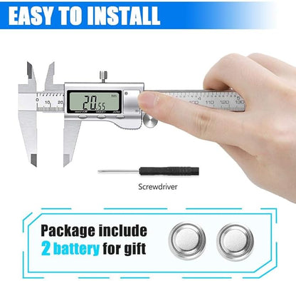 Digital Caliper Measuring Tool, Stainless Steel Vernier Caliper Digital Micrometer with Large LCD Screen, Easy Switch from Inch Metric Fraction, 6 Inch Caliper Tool for DIY/Household