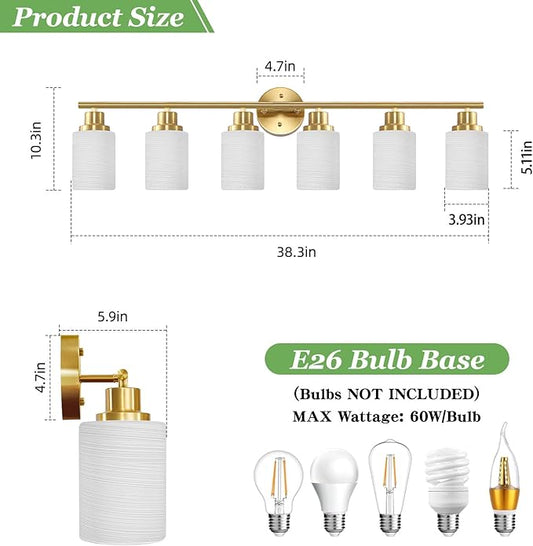 Guliaofo 6-Light Vanity Lights, Brushed Gold Bathroom Light Fixture with Striped Textured Milky White Glass Shade, E26 Wall Sconce, Modern Vanity Lighting Fixture for Bathroom Wall Light Over Mirror