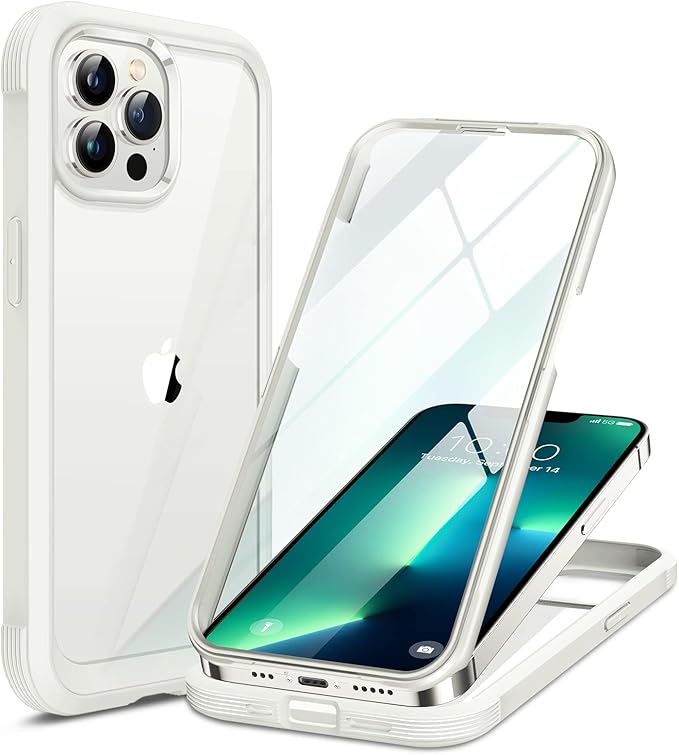 Miracase Glass Case for iPhone 13 Pro Max 6.7 inch, Upgrade Full-Body Clear Bumper Case with Built-in 9H Tempered Glass Screen Protector for iPhone 13 Pro Max, Rice White