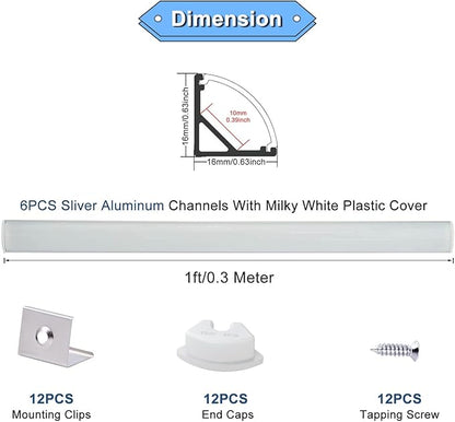 VST 6Pack 1 ft LED Aluminum Channel with Milky White Cover V Shape 16x16mm, Led Strip Light Track with End Caps and Mounting Clips Accessories for Living Room, Kitchen