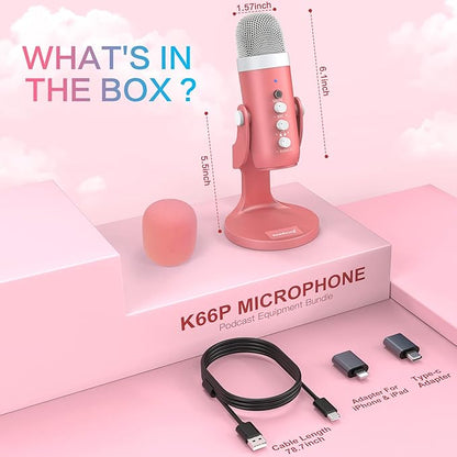 ZealSound Gaming USB Pink Microphone with Quick Mute for Phone Computer PC PS5,Studio Mic with Gain Control,Echo&Monitor Volume Adjust for Streaming Vocal Recording ASMR Podcast Video K66
