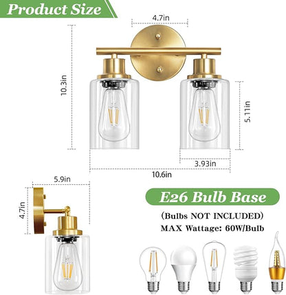 Guliaofo 2-Light E26 Bathroom Light Fixtures, Modern Brushed Gold Vanity Lights for Bathroom with Clear Glass Shade, Mirror Kitchen Hallway Cabinet Living Room Sconces Wall Lights