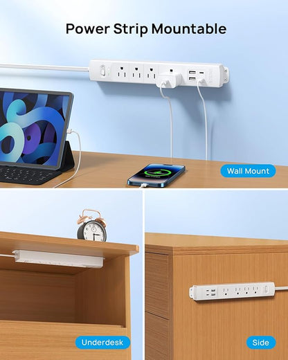 TROND 15ft Long Extension Cord with 2 USB C, ETL Listed, Ultra-Thin Flat Plug Power Strip, Slim Surge Protector, 4 Outlets 4 USB Ports, Wall Mount, Office Accessories Dorm Room Essentials, White