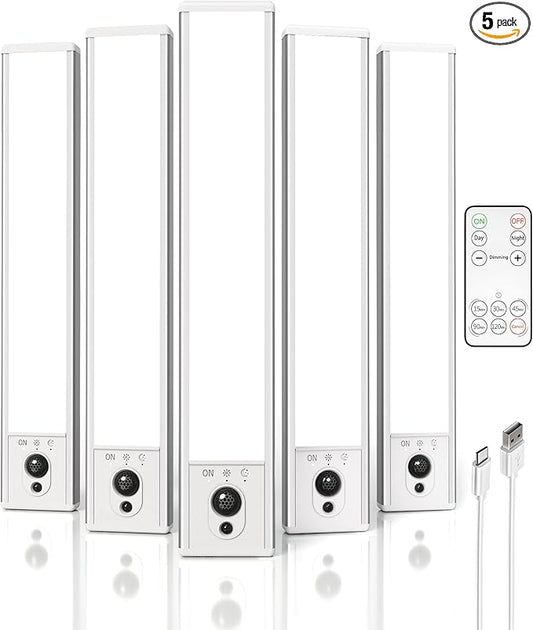 EZVALO 5-Pack Under Cabinet Lighting, 2400mAh Motion Sensor Light, LED Closet Lights Wireless, 6500K Dimmable, Timer, Magnetic, with Remote Control for Kitchen, Closet, Stair