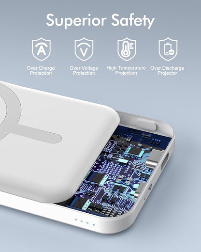 podoru for Magsafe Battery Pack, 5000mAh Magnetic Power Bank with Type-C Cable 20W PD Fast Charging Lighting Input Wireless Portable Charger for iPhone 17/16/15/14/13/12/ All Series-Snow White