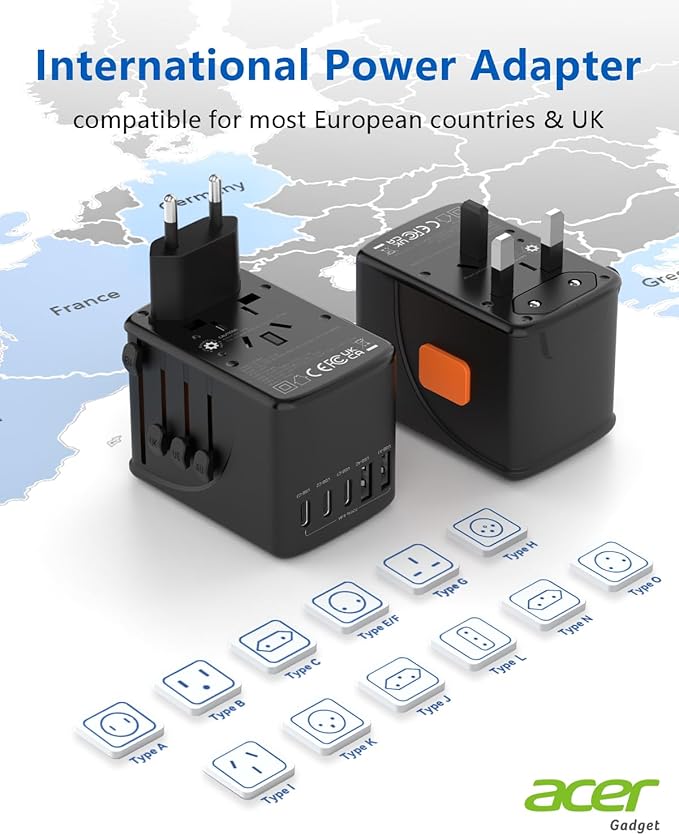 Acer 70W GaN Universal Travel Plug Adapter - International Power Adapter with 3 USB C & 1 USB A, Worldwide Power Outlet Travel Essentials for USA to European UK AUS Ireland, Type C/G/I/A, Black