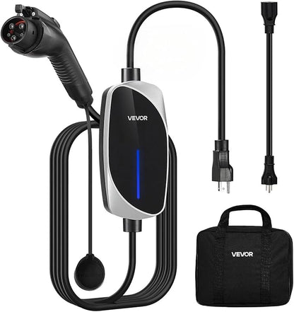 VEVOR Level 1&2 EV Charger, 16 Amp, Electric Vehicle Portable Charger with 25 ft Charging Cable, 120V-240V, NEMA 6-20P Plug NEMA 5-15 Adapter, LED Indicator, Home Car Charging Station for SAE J1772 EV