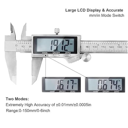 Electronic Digital Vernier Caliper, LOUISWARE Stainless Steel Caliper 150mm/0-6 inch Measuring Tools with Extra-Large LCD Screen, inch/Metric Conversion