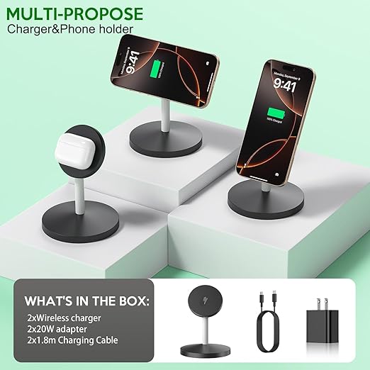 2Pack Magnetic Wireless Mag-Safe Charger Stand,Long 6FT USB C Cable + USB C Charge Block + 15W Apple Magsafe Wireless Station/Pad Fast Charging for iPhone 16 Pro/16 Plus/16 Pro Max/15/14/13/12/AirPods