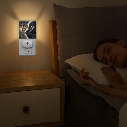 YKJAHSD Cat Butterfly Night Light, Plug into Wall Decor Nightlights for Bedroom, Bathroom, Hallway, Kitchen, with Dusk to Dawn Light Auto Sensors LED Night Lights for Boys Girls Women Men Room Gifts