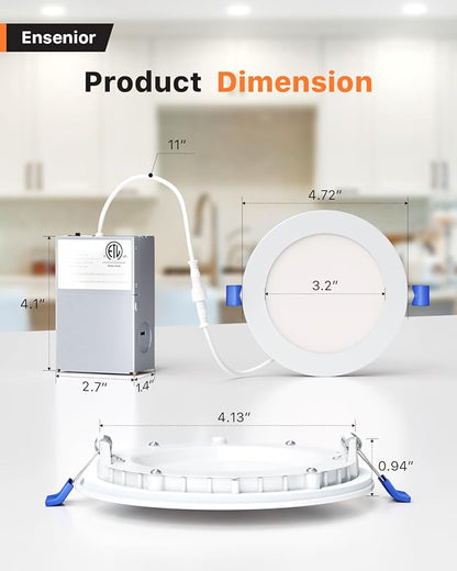 Ensenior 12 Pack 4 Inch Ultra-Thin LED Recessed Light with Junction Box, 2700K-6000K Selectable, 9W 75W Eqv, Dimmable, 750LM High Brightness - ETL Certified