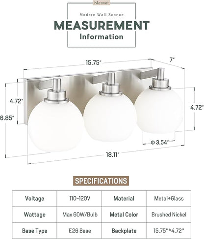 METWET Bathroom Light Fixtures, 3-Light Brushed Nickel Vanity Light, Modern Wall Sconces with Milk White Globe Glass Shade, Vanity Lighting Fixtures Over Mirror, VL195-BN-ML-3