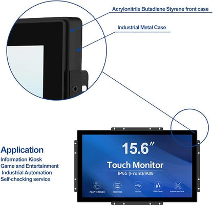 GreenTouch 15.6 Inch 10 Points Open Frame Touch Display, Industrial PCAP Touchscreen Monitor, VGA+HDMI+DVI Port - 16:9