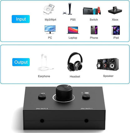 Dingsun 3.5mm Audio Switch, Stereo Audio Selector Box Passive Speaker Headphone Manual Selector with Volume Control (1 in-2 Out/ 2 in-1 Out)