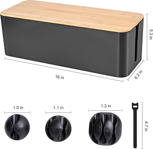 Cable Management Box - Wooden Style Large Cord Organizer to Hide Wires & Power Strips | Desk Computer Cable Organizer | Safe ABS Material | 16" (L) x 6.2" (W) 5.3" (H) | for Home & Office - Black