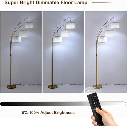 Fansdrick Gold Floor Lamps for Living Room, Super Bright Arc Floor Lamp with Remote Control, 3 Light Tall Floor Lamps with Stepless Dimmable, 80" Mid Century Tree Floor Lamp for Bedroom, Office
