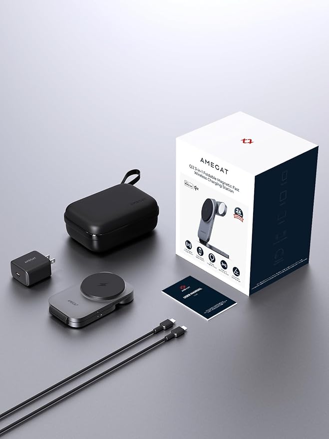 3 in 1 Charging Station, MagFusion Z Foldable Qi2 Certified 15W Wireless Charger Stand Compatible with MagSafe for iPhone 16/15/14/13/12, Apple Watch, AirPods (30W PD Charger Included)