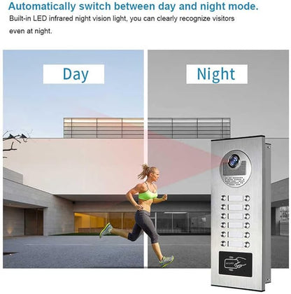 Wired Video Multifamily Apartment Intercom System,2/3/4/6/8/10/12 Units 7 inch Monitor Video Door Phone Kit,Video Doorbell, ID Card Unlock, 2 Way Audio for Home (1 doorbell + 12 monitor)