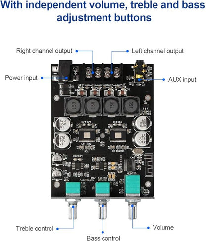 ZK-1002T Bluetooth Amplifier Board 2.0CH 100W*2 Mini Audio AMP with Treble and Bass Control, BT and AUX Inputs, DC 9-24V Stereo AMP Module for Home Speakers, Update Version APP Control