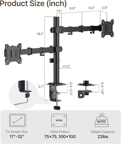 monTEK Dual Monitor Stand for 17"–32” Computer, Adjustable Height Stable Monitor Mount Fit up to 32 inch Screen, Hold up to 22lbs Weight, C-Clamp and Grommet, VESA 75x75mm/100x100mm