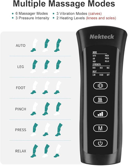 Nekteck Leg Massager for Circulation and Pain Relief, Air Compression Foot Calf Thigh Massager with 2 Heat and 3 Vibration Functions, 6 Modes 3 Intensities, Help for Muscles Relaxation