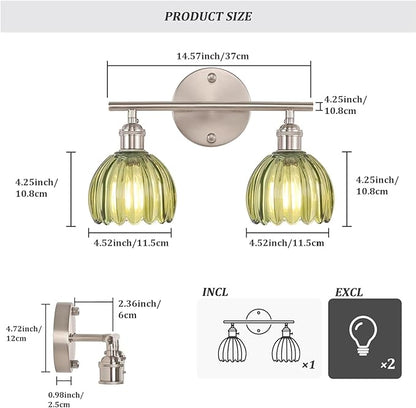 Shenmoyl Bathroom Light Fixtures, 2-Light Vanity Wall Light Over Mirror with Green Tulip Glass Shade for Bedroom Living Room (Bulb Not Included), Satin Nickel
