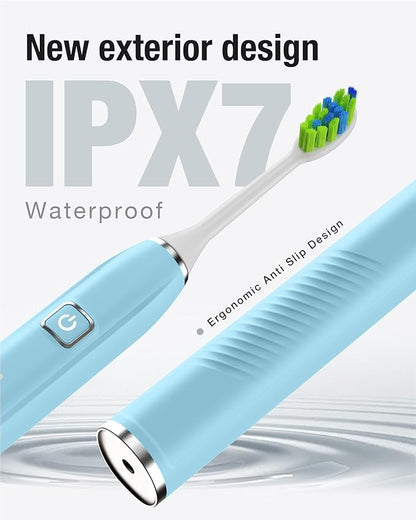 7AM2M Sonic Electric Toothbrush with 6 Brush Heads for Adults&Kids, One Charge for 120 Days, Wireless Fast Charge, 5 Modes, 40000VPM Powered Toothbrush, 2 Minutes Built in Smart Timer (Light Blue)