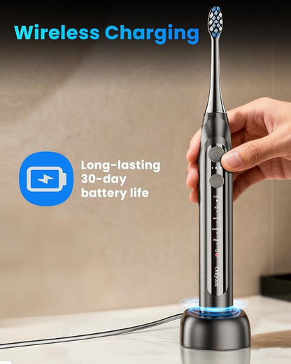 Onlyone Sonic Electric Toothbrush for Adults, Rechargeable Ultrasonic Electric Toothbrush with 8 Brush Heads, Travel Case, Charging Base & Wireless Charging - 5 Modes with Smart Timer