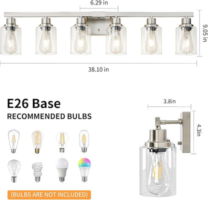 DIKAIDA Bathroom Vanity Light, 6-Light Nickel Modern Matte Wall Sconce Lighting with Clear Glass Shade, Wall Lights,Bath Vintage Wall Mounted Lamps for Mirror Bedroom Living Room