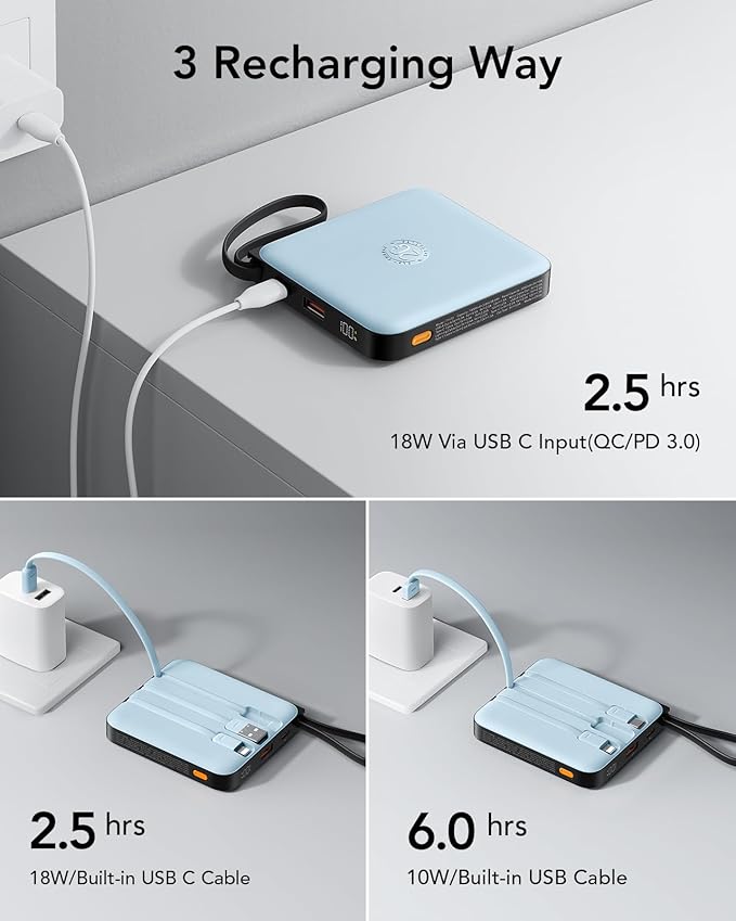 VRURC 10000mAh Portable Charger for iPhone with Built-in Cables, PD 20W Fast Charging Power Bank, Battery Pack for iPhone 16 15 14 13 Samsung Galaxy S25 S24 Series Android, Blue(1 Pack)