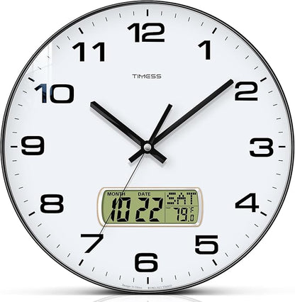 TIMESS Wall Clock, 12" Dial Non-Ticking Silent Battery Operated Analog with LCD Display for Perpetual Calendar and F° Temperature, Ideal Modern Home, Bedroom, Kitchen, Office Decor (Black)