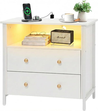 Tykacna 27 Inch Wide Night Stand, Large Wood Night Stand with 2 Drawers, LED Nightstand with Charging Station and Adjustable Drawer, Bedside Table for Living Room/Bedroom/Study/Office, White.
