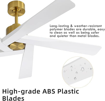 WINGBO 54" ABS DC Ceiling Fan No Light, 5 Blade ABS Plastic Ceiling Fan with Remote, 6-Speed Reversible DC Motor, Ceiling Fans without Light for Kitchen Bedroom Living Room, Brass and White