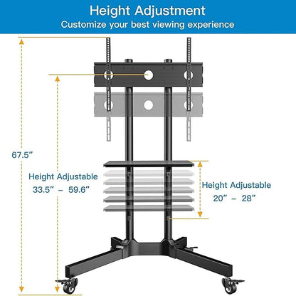 PERLESMITH Rolling TV Stand with Lockable Wheels for 32-85 Inch TVs Holds up to 132 Lbs, Height Adjustable Mobile TV Stand on Wheels with Laptop Shelf, Rolling Tv Cart Max VESA 600x400mm PSTVMC01