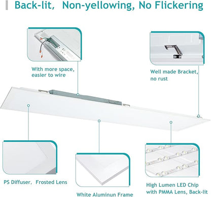 VocgoUU 1x4 LED Flat Panel Light 5000K 4000K 3000K - 1x4 LED Troffer Drop Ceiling Light Fixture, 0-10V Dimmable, 100-277V, ETL Listed, 4 Pack