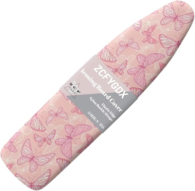 ZCFYGDX Breathable Ironing Board Cover Decor, Resist Scorching & Staining, 14x45 Wear & Soil Resistant Covers, Elastic Edges,3 Fasteners,Anti-Scorch Polyester Butterfly Pattern Pink Print