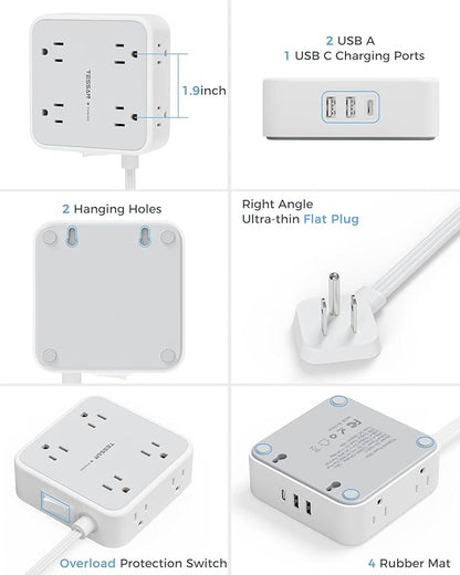 TESSAN Surge Protector Power Strip 15 Ft Cord, 8 Widely Spaced Outlets, 3 USB Charger(1 USB C Port), Ultra Thin Flat Plug Extension Cord 15 Feet, 900J Surge Protection for Home, Dorm Room Essentials
