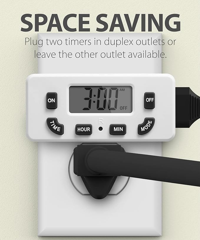Fosmon Digital Timer for Electrical Outlets, Indoor 24 Hour Light Timer Programmable, Mini Plug in Outlet for Lamps, Fans, Grow Lights, 2 On/Off Programs, 15A/1875W, ETL Listed