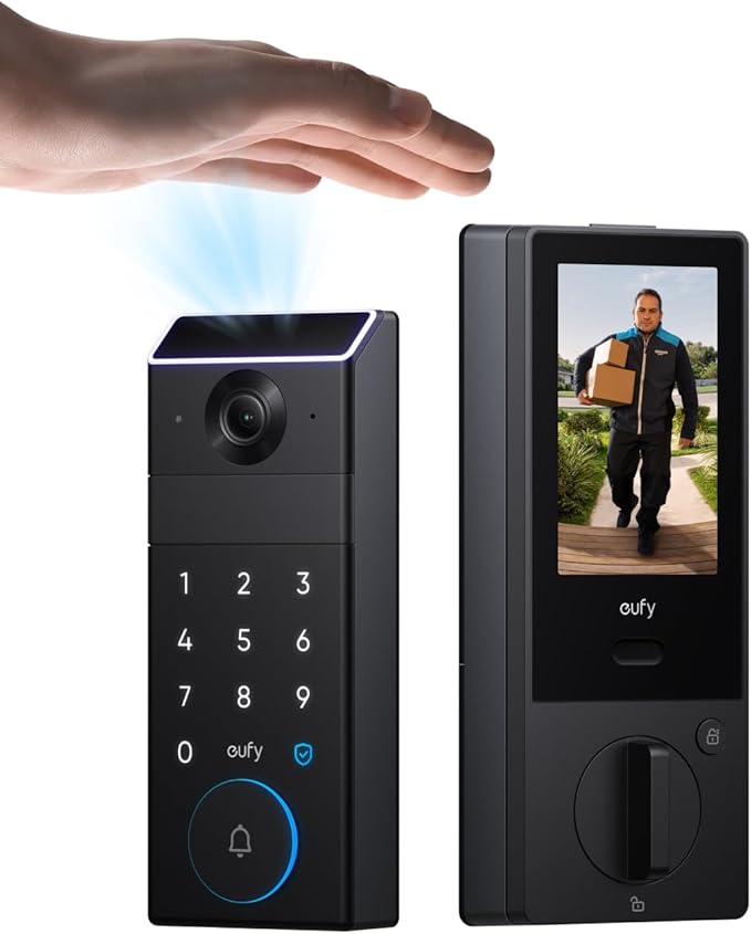 eufy FamiLock S3 Max Smart Lock with Palm Vein Recognition - Keyless Entry Door Lock for Front Door, 3-in-1 Wi-Fi Keypad Deadbolt+ 2K HDR Camera+ Doorbell, ANSI/BHMA Grade 1, Rear Lock Video Screen