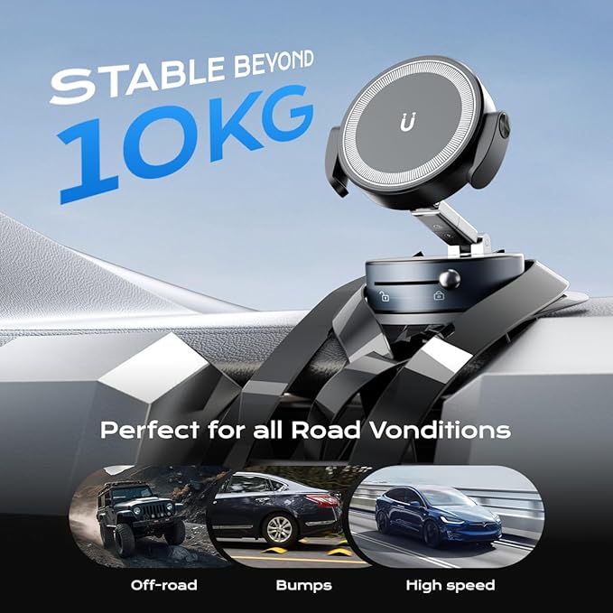 360° Rotation Clip on Car Phone Mount, 2 IN 1 Adjustable Magnetic Car Phone Holder Vacuum Suction Cup Phone Stand Foldable Cellphone Mount with Concealable Ears for All Smartphones