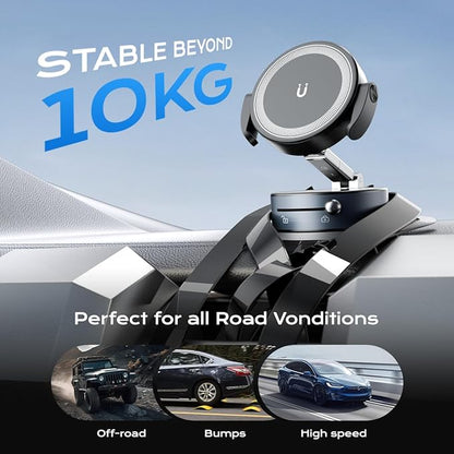 360° Rotation Clip on Car Phone Mount, 2 IN 1 Adjustable Magnetic Car Phone Holder Vacuum Suction Cup Phone Stand Foldable Cellphone Mount with Concealable Ears for All Smartphones