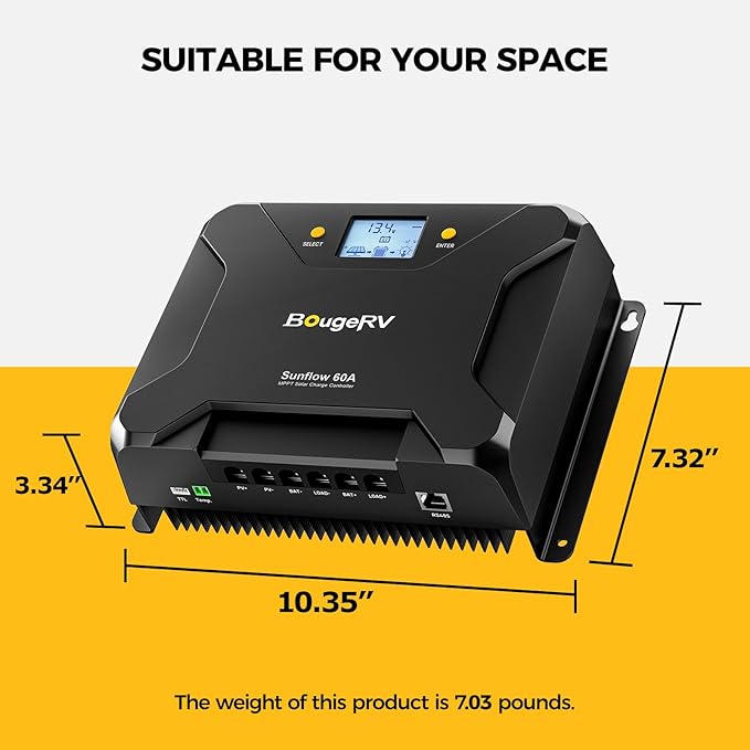 BougeRV Sunflow MPPT Solar Charge Controller 60A, w/Low-Temp Cut-Off, APP Control, Backlit LCD, 60 Amp Solar Panel Regulator 12V/24V for LiFePO4, SLD, Gel, FLD, AGM Battery, RV, Marine, Upgraded