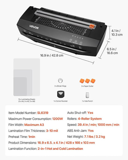 VEVOR Laminator Machine, Cold and Hot Lamination for Max A3 Paper Size, 1 min Quick Warm Portable Laminator, 3-10 mil Thickness, Ideal for Home, Office, Business, or School Supplies, Black
